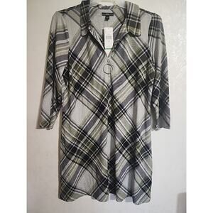 R&K Midi Knee Length Dress Olive Black Plaid Quarter Zip Long Sleeve sz L